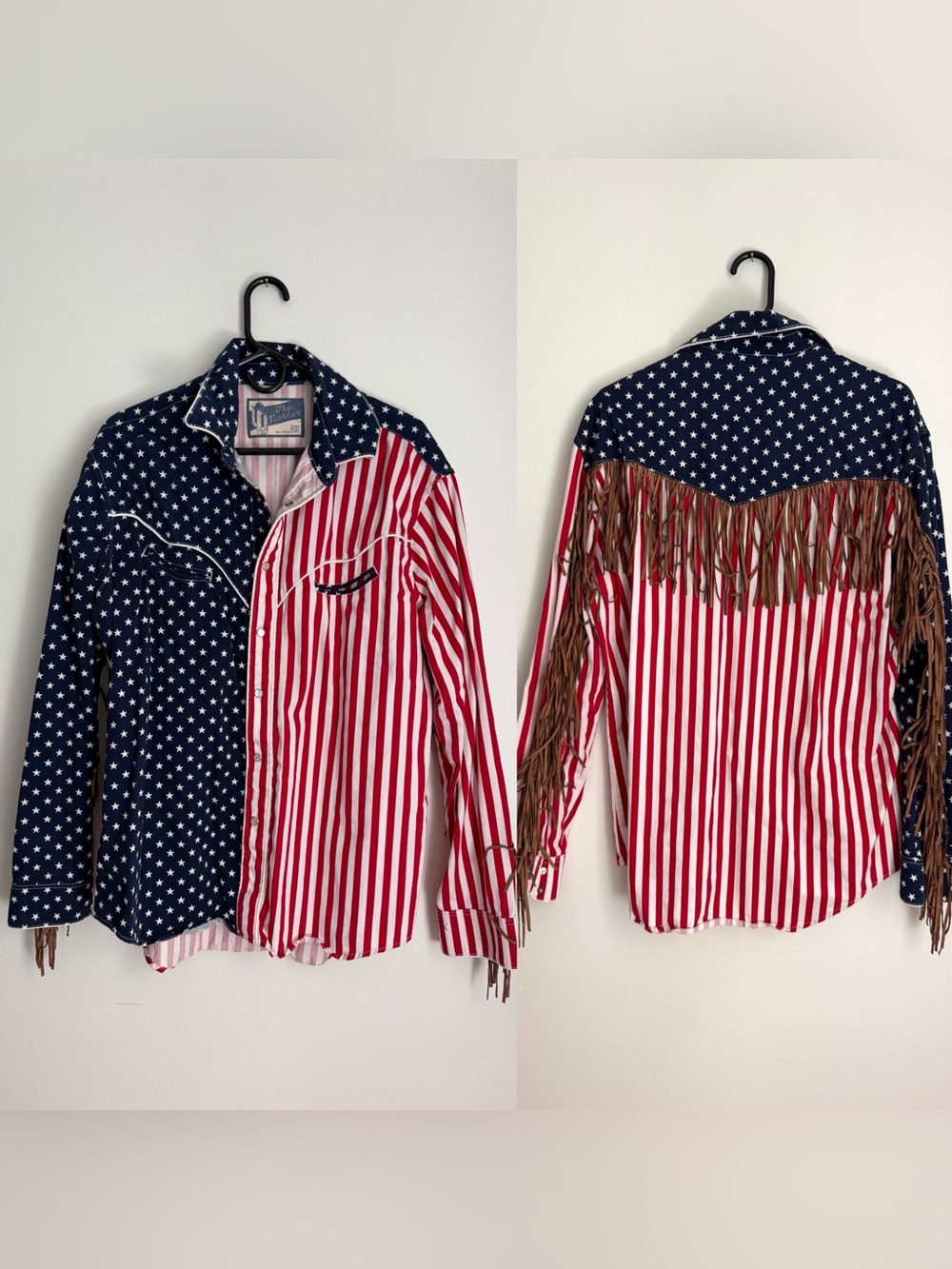 Men’s American Flag Long Sleeve Shirt with Brown Fringe Size Large
